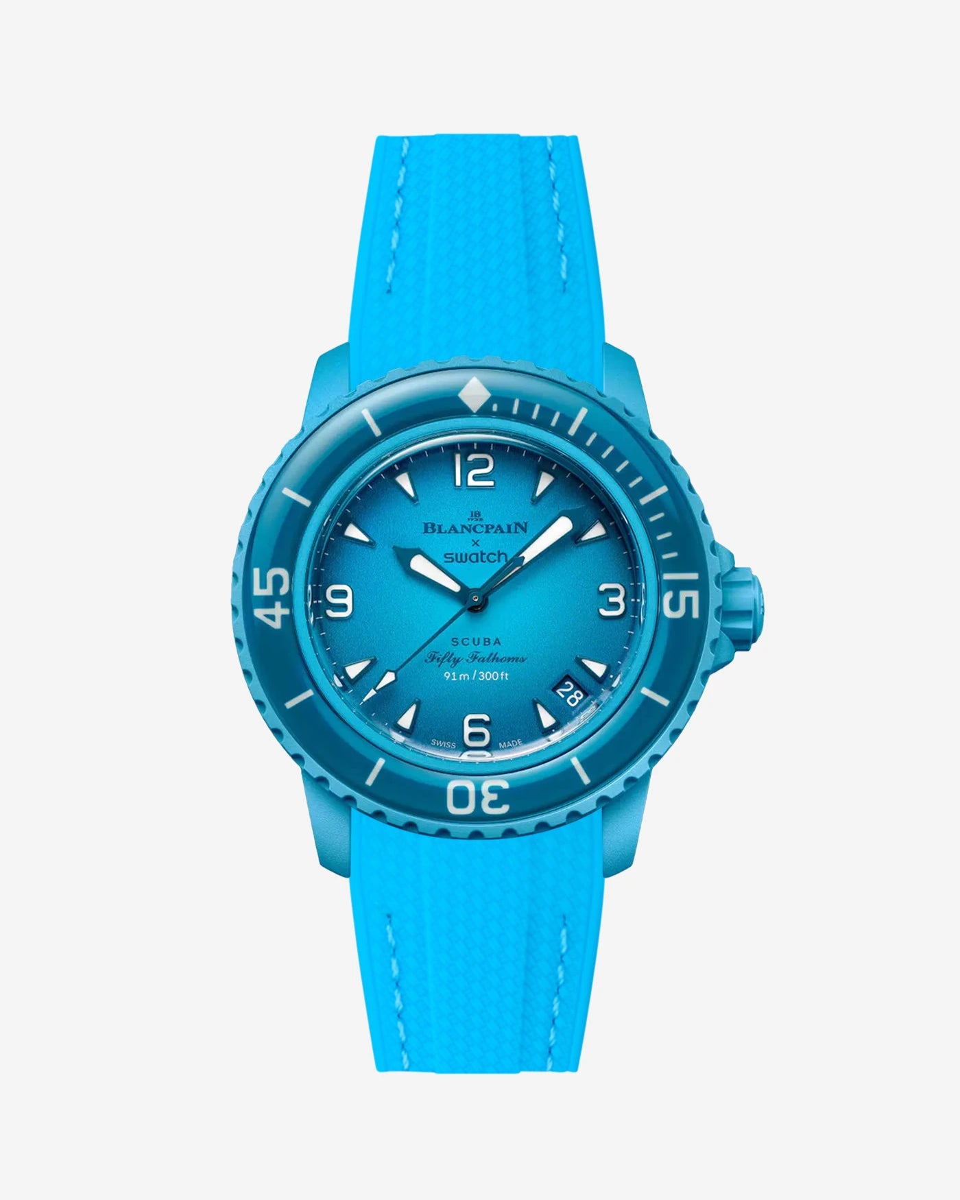 Lagoon Blue Rubber Strap on Blancpain X Swatch Blue Lagoon Watch