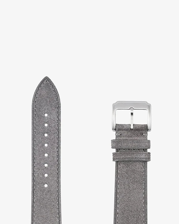 Wristbuddys grey suede leather watch strap with stainless steel buckle representing the Leather Straps collection.