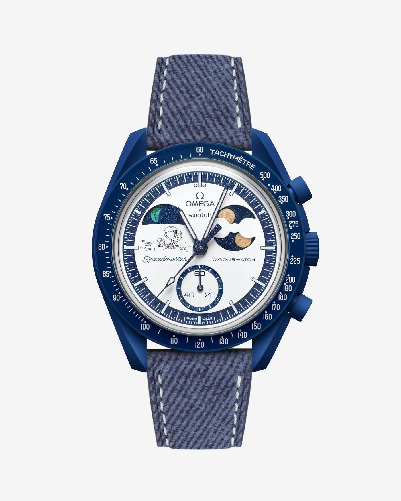 Blue denim strap attached to a MoonSwatch Mission To Earthphase - Moonshine Gold