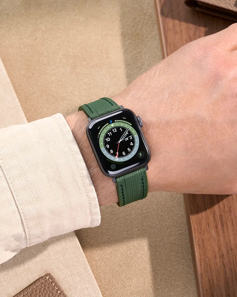 Casual look featuring an military green rubber apple watch band on wrist