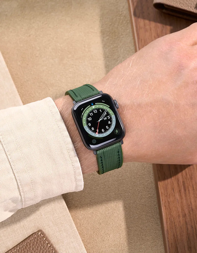 Casual look featuring an military green rubber apple watch band on wrist