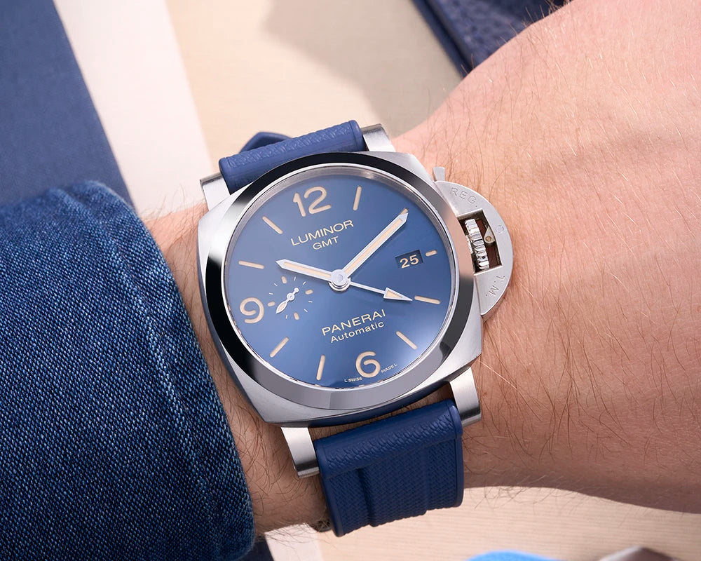 Navy Blue Vertech Rubber Strap on Panerai Luminor GMT – wrist shot