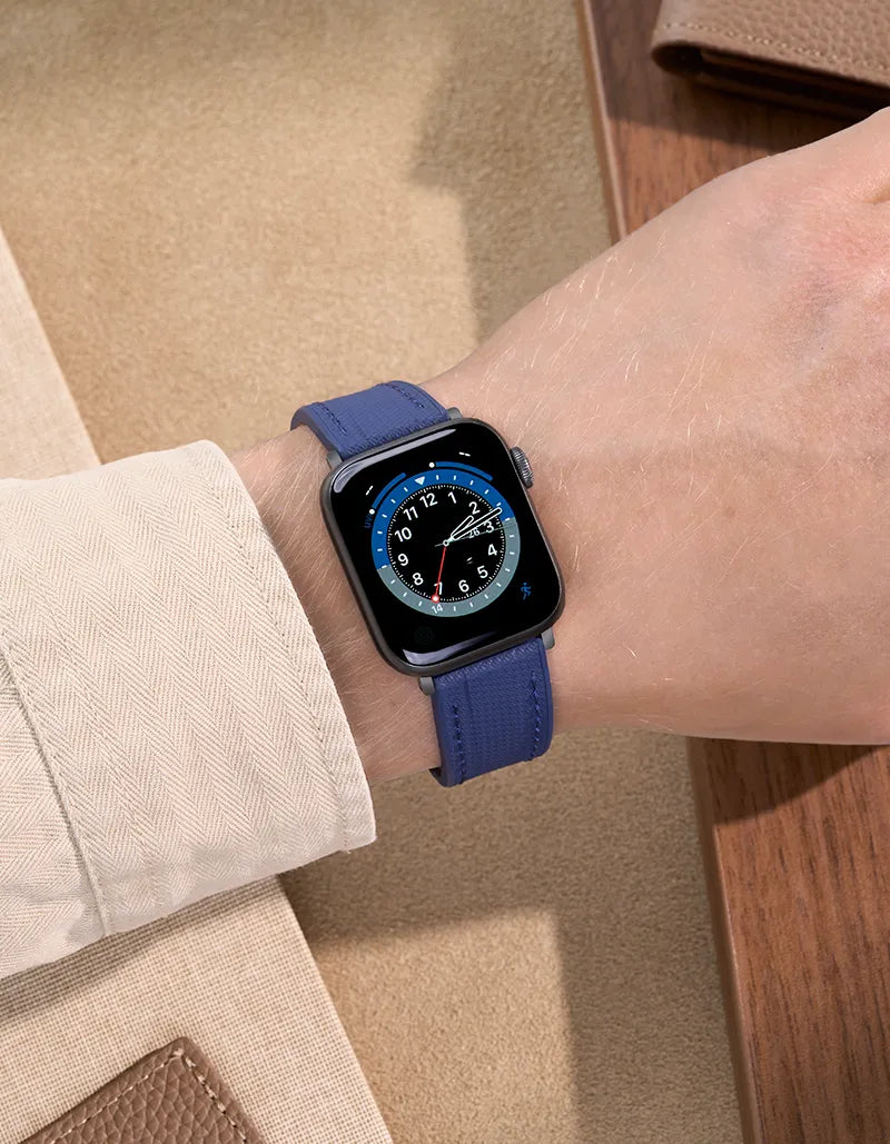 Wrist shot of an Navy Blue Rubber Apple Watch Band with a flexible and secure rubber band