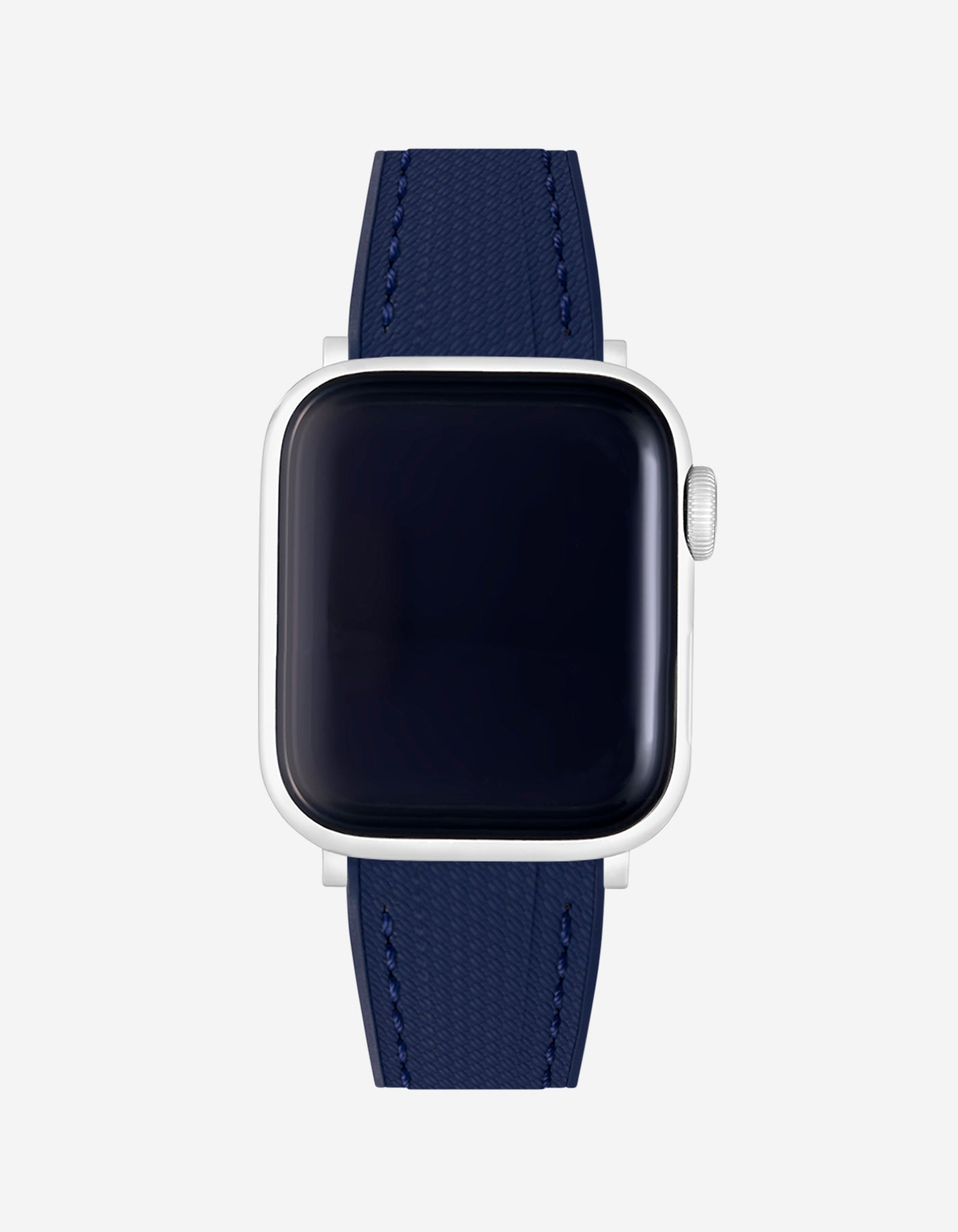 Sporty Navy Blue Rubber Apple Watch Band on watch – secure and comfortable