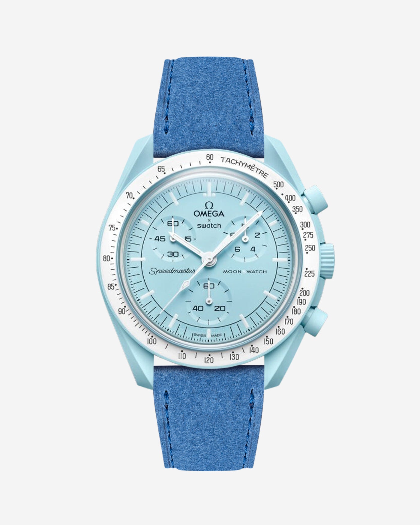 Omega X Swatch Mission to Uranus with Ocean blue suede leather strap mounted on watch – front view