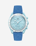 Omega X Swatch Mission to Uranus with Ocean blue suede leather strap mounted on watch – front view