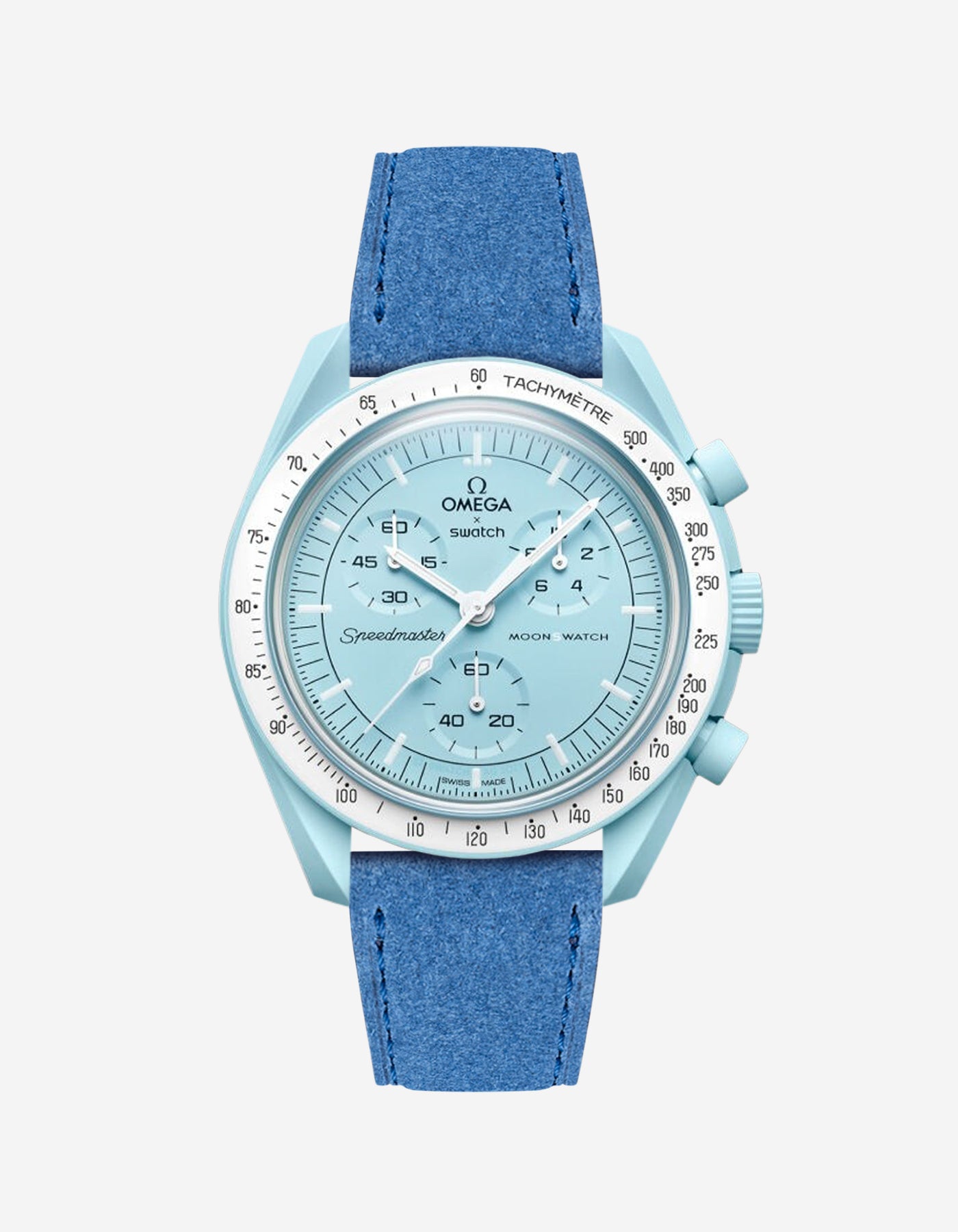 Omega X Swatch Mission to Uranus with Ocean blue suede leather strap mounted on watch – front view