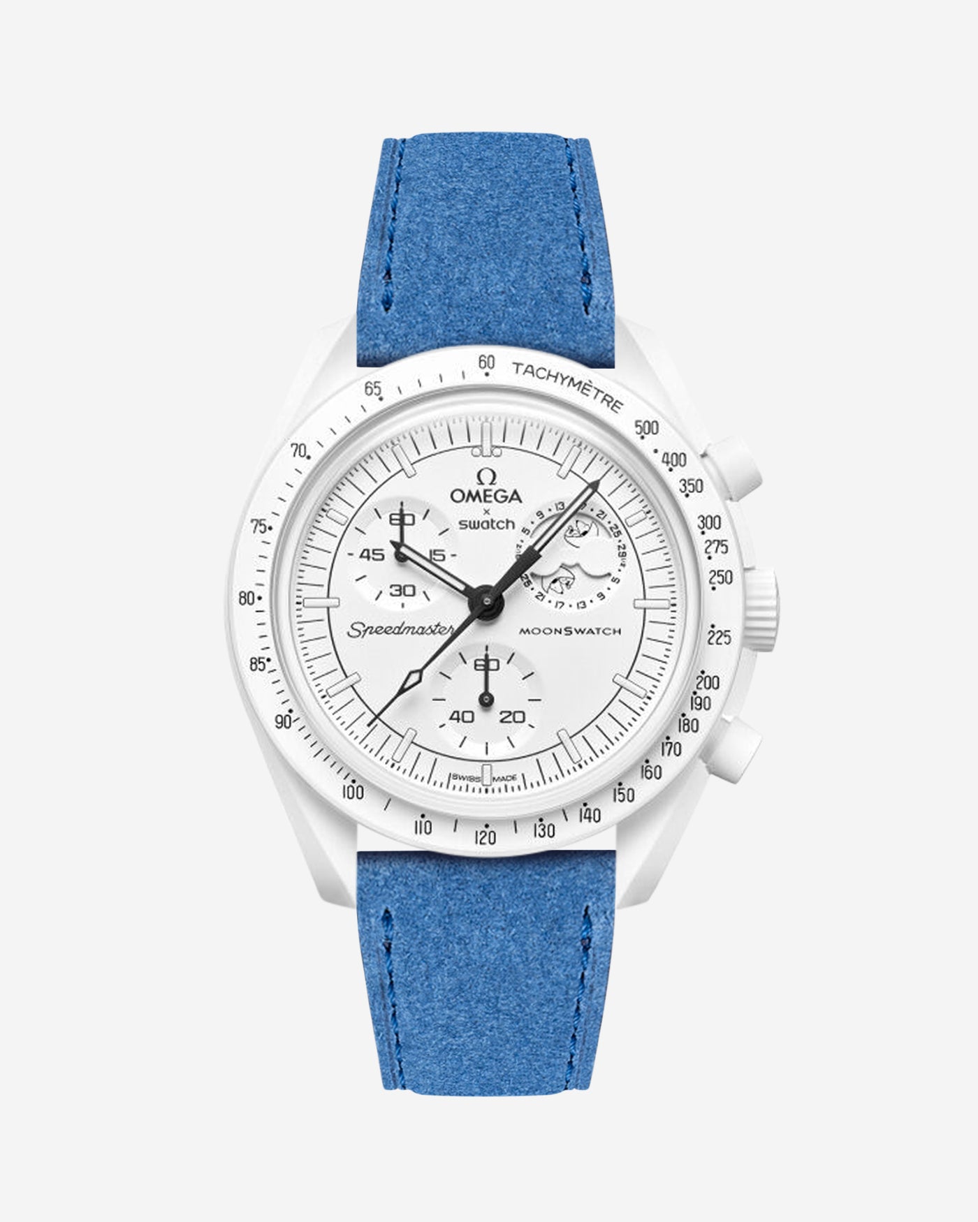 Omega X Swatch Mission to the Moonphase Full Moon with Ocean Blue suede leather strap mounted on watch – front view