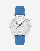 Omega X Swatch Mission to the Moonphase Full Moon with Ocean Blue suede leather strap mounted on watch – front view