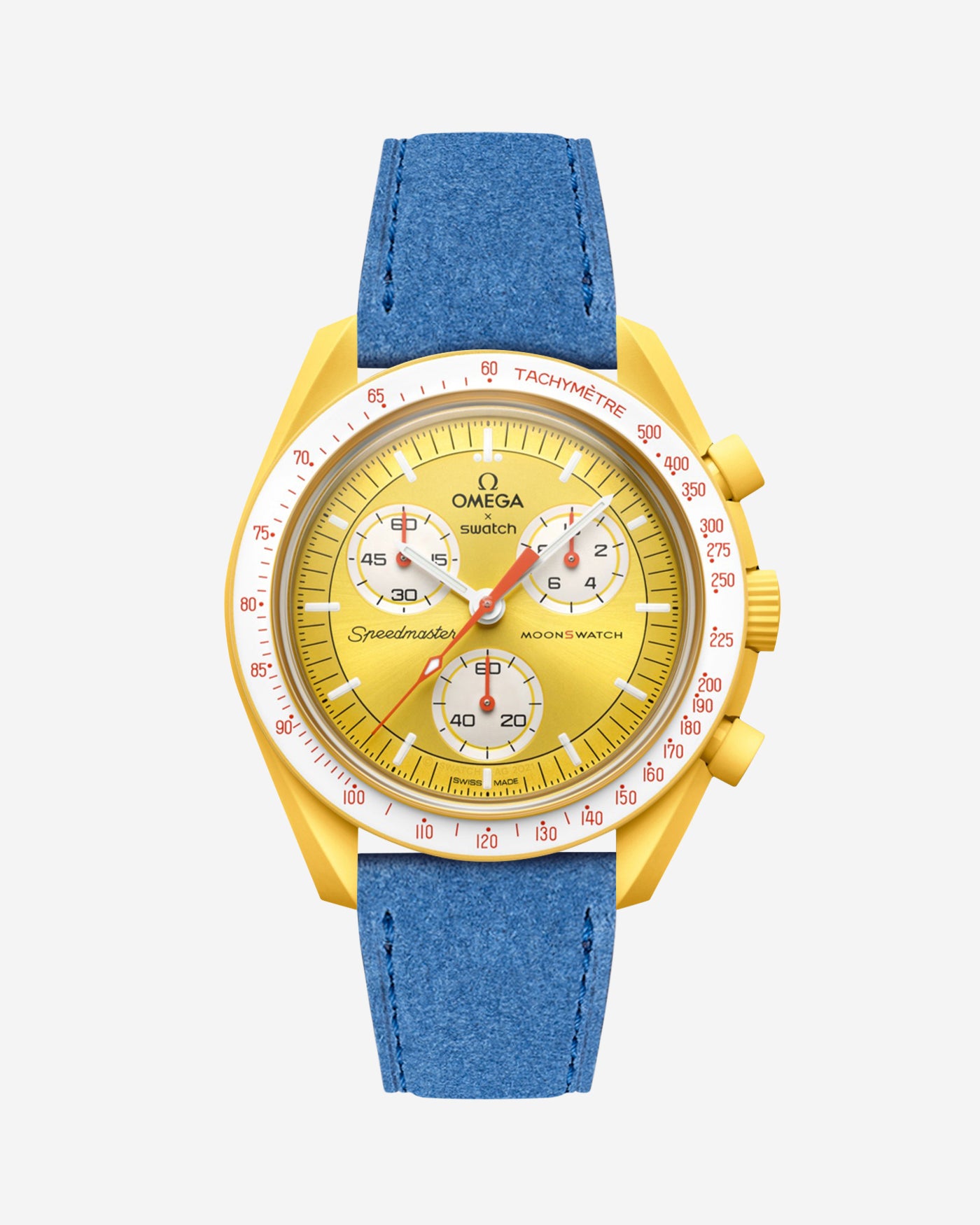 Omega X Swatch Mission to the Sun with Ocean blue suede leather strap mounted on watch – front view