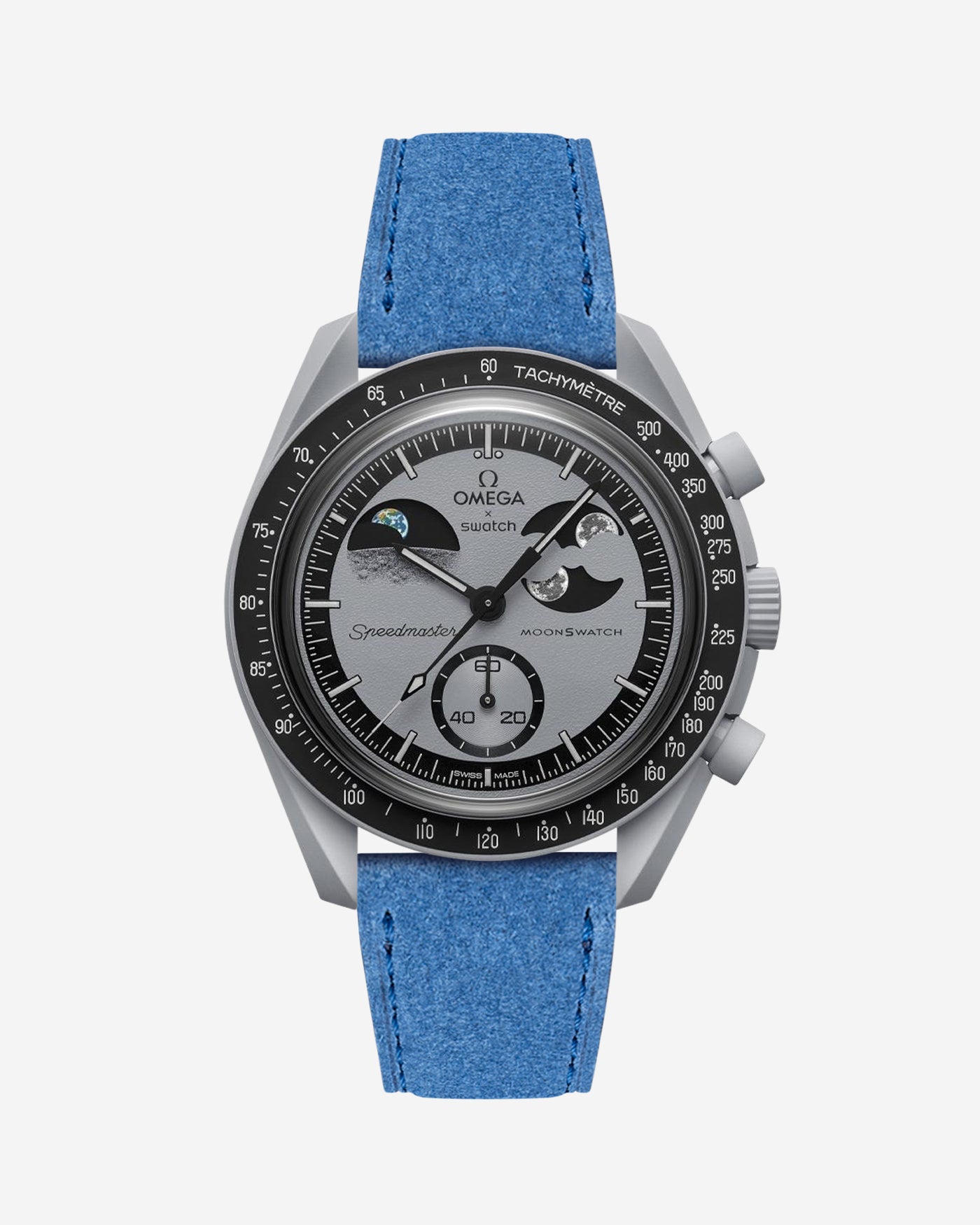 Omega X Swatch Mission to Earthphase with Ocean Blue suede leather strap mounted on watch – front view