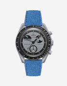 Omega X Swatch Mission to Earthphase with Ocean Blue suede leather strap mounted on watch – front view