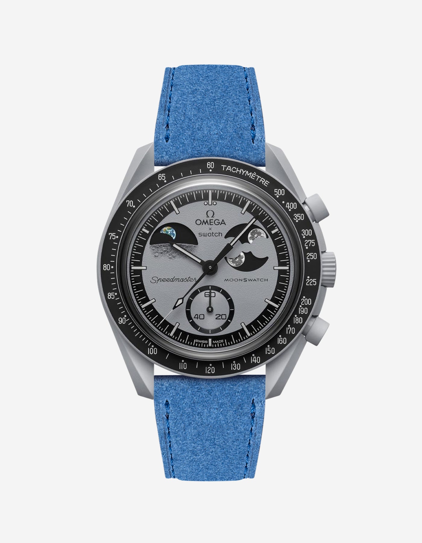 Omega X Swatch Mission to Earthphase with Ocean Blue suede leather strap mounted on watch – front view