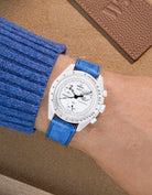 Omega X Swatch Mission to the Moonphase Full Moon with Ocean Blue suede leather strap worn on wrist