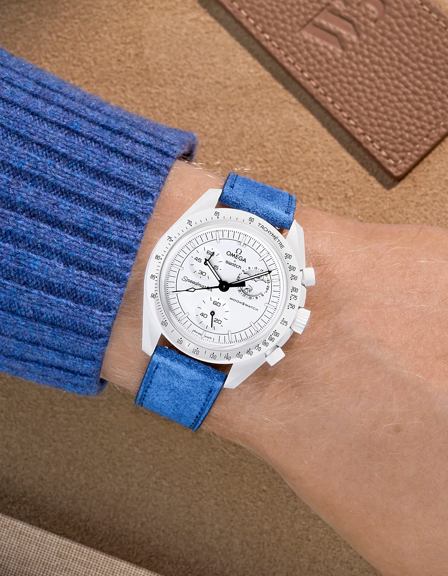 Omega X Swatch Mission to the Moonphase Full Moon with Ocean Blue suede leather strap worn on wrist