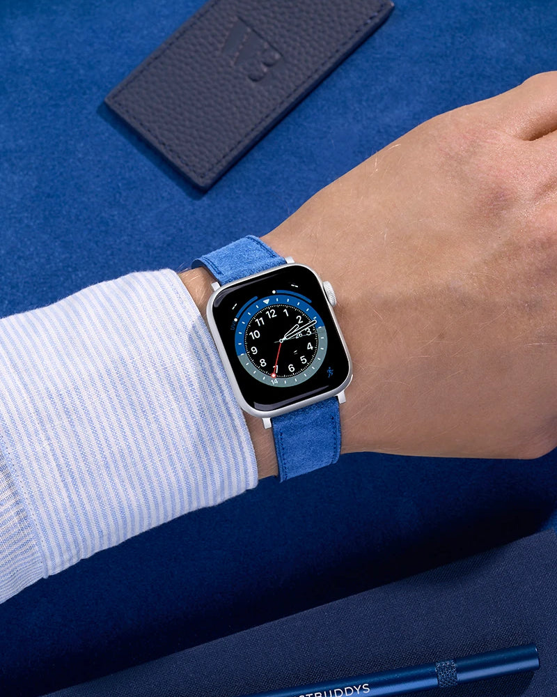 Wrist Shot on Suede Ocean Blue Leather Apple Watch Band on Watch