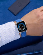 Wrist Shot on Suede Ocean Blue Leather Apple Watch Band on Watch
