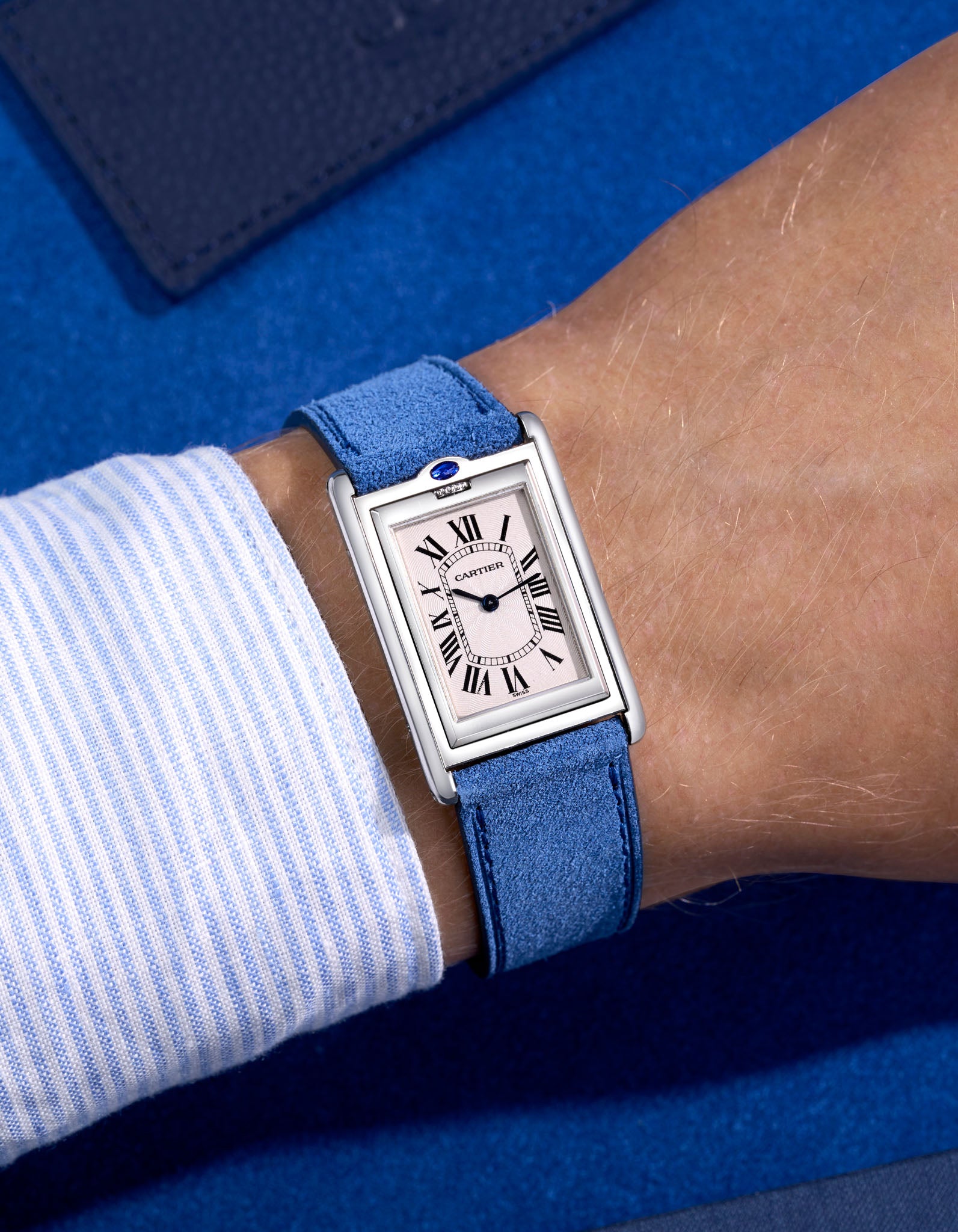 suede leather watch strap on a cartier steel watch. Handmade in italy in lug width 17mm to 21mm