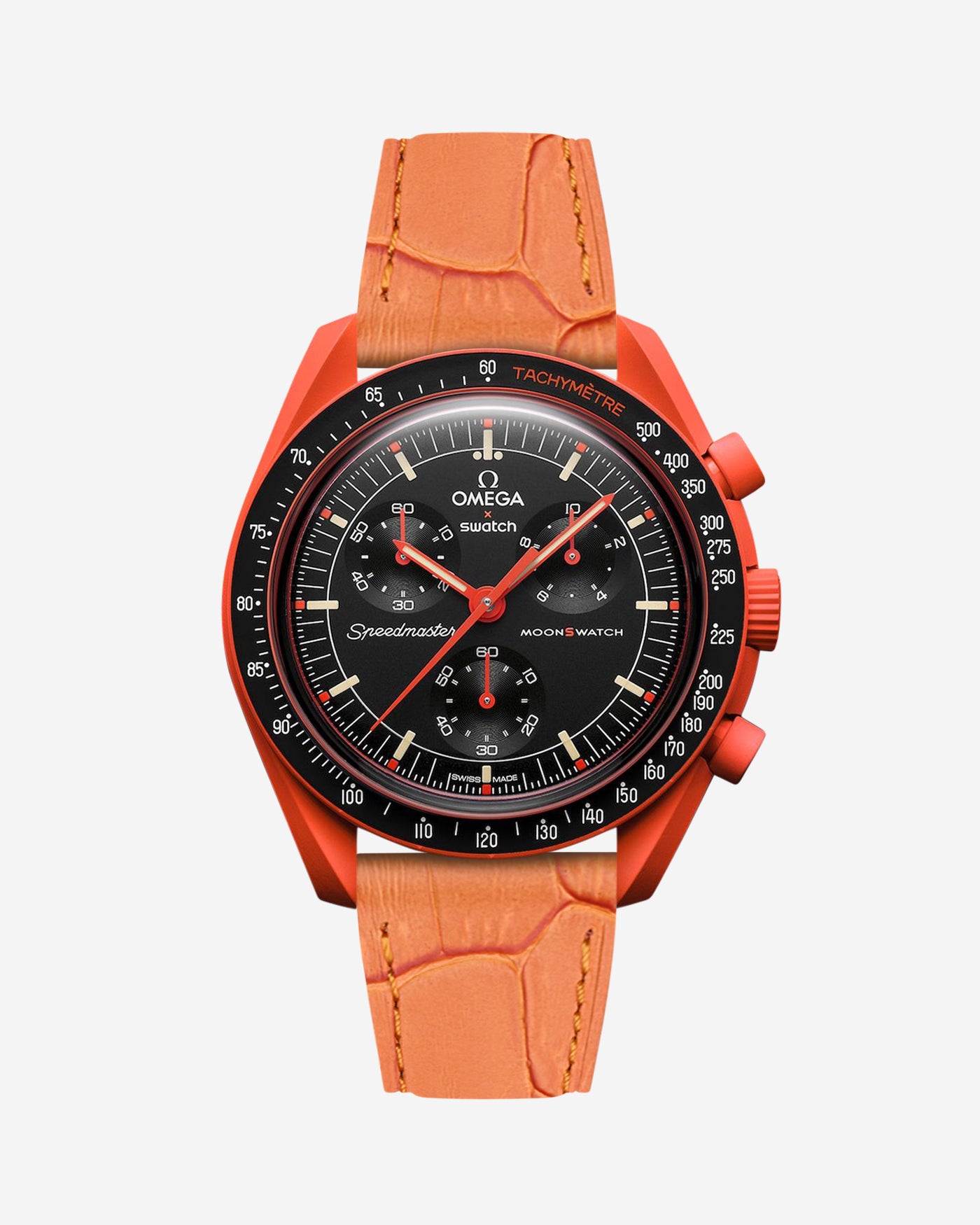 Orange embossed alligator leather strap on Omega X Swatch MoonSwatch Mission on Earth Lava Watch
