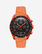Orange embossed alligator leather strap on Omega X Swatch MoonSwatch Mission on Earth Lava Watch