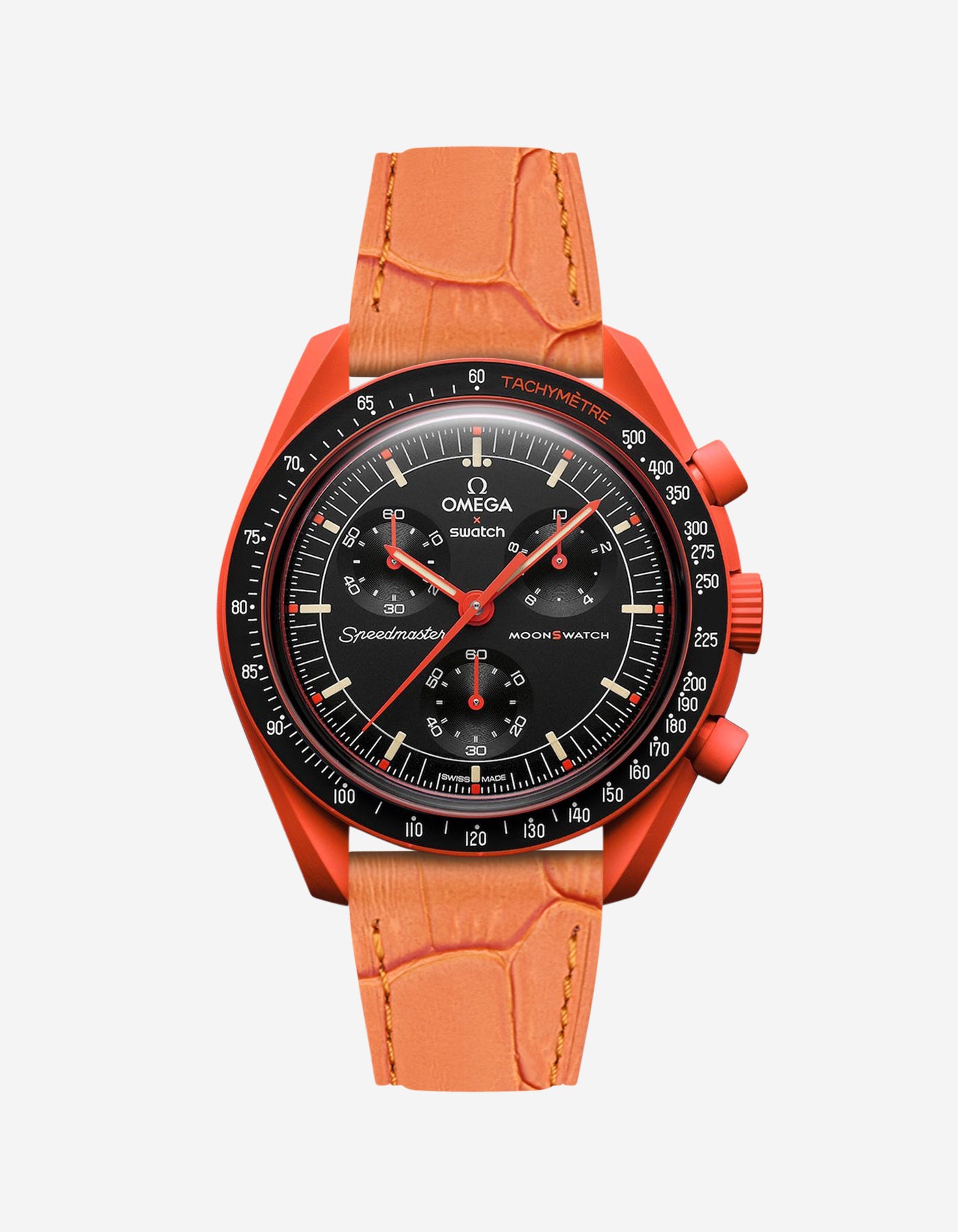 Orange embossed alligator leather strap on Omega X Swatch MoonSwatch Mission on Earth Lava Watch
