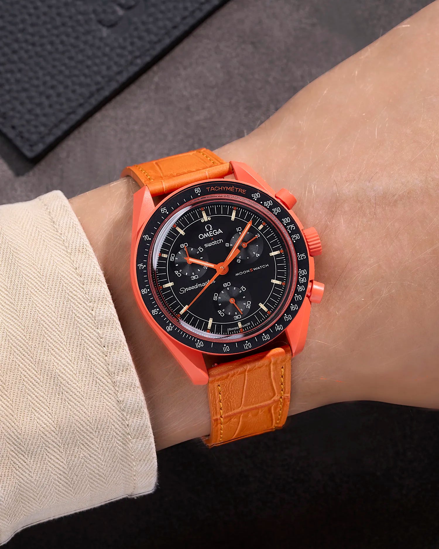 Orange Embossed Alligator leather strap on Omega X Swatch MoonSwatch Mission on Earth Lava – wrist shot