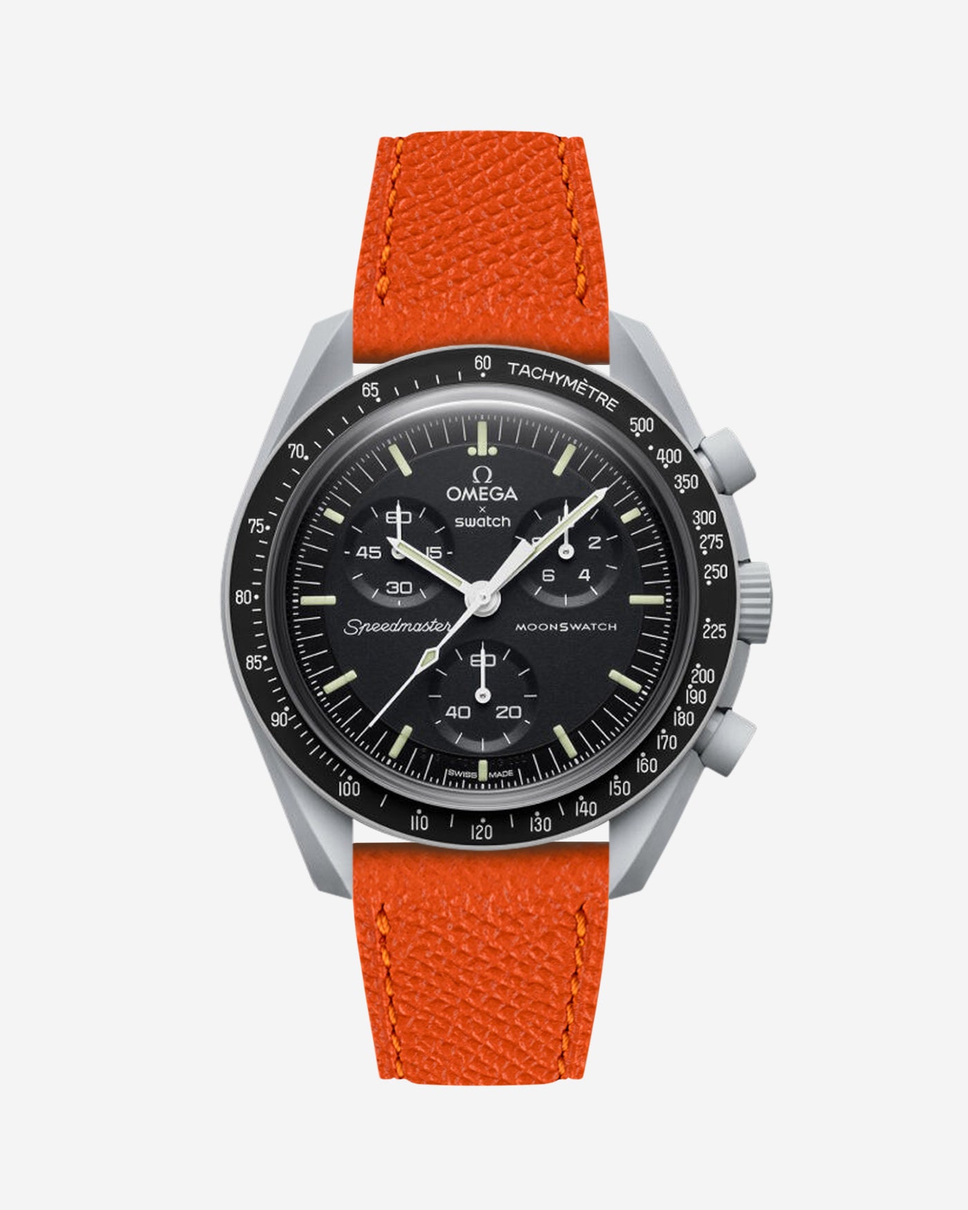 Orange Epsom leather strap on Omega x Swatch Mission to the Moon Watch