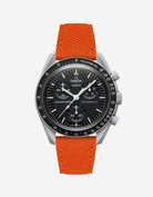 Orange Epsom leather strap on Omega x Swatch Mission to the Moon Watch