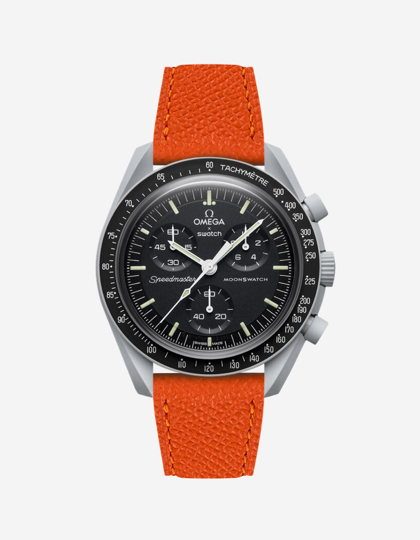 Orange Epsom leather strap on Omega x Swatch Mission to the Moon Watch