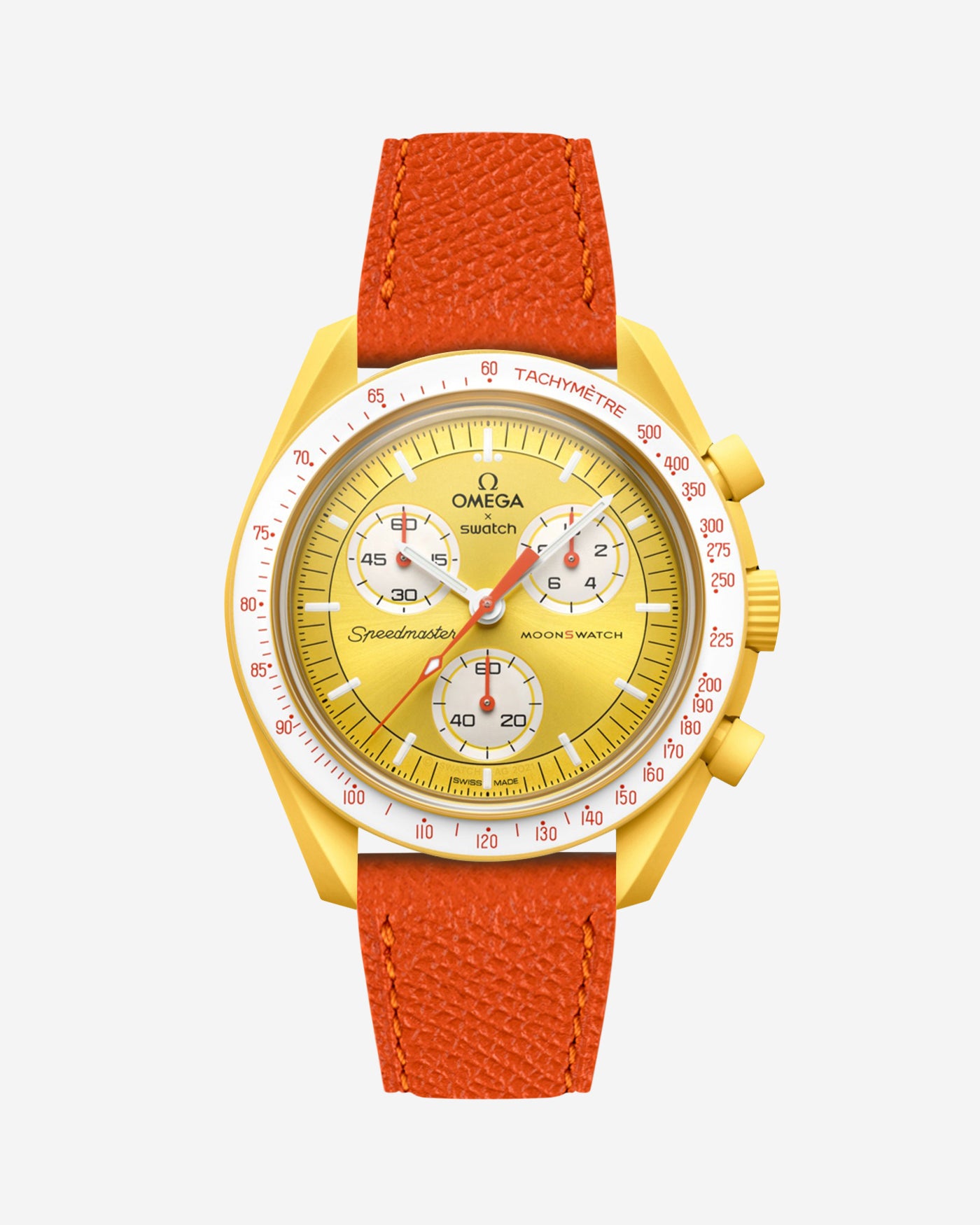 Orange Epsom leather strap on Omega x Swatch Mission to the Sun watch