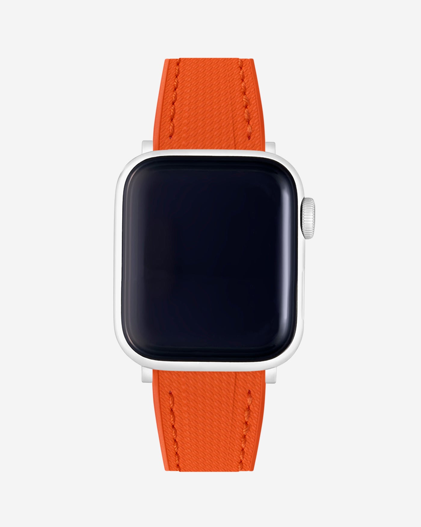 Flexible Orange rubber Apple Watch band on watch – durable and sweat-resistant