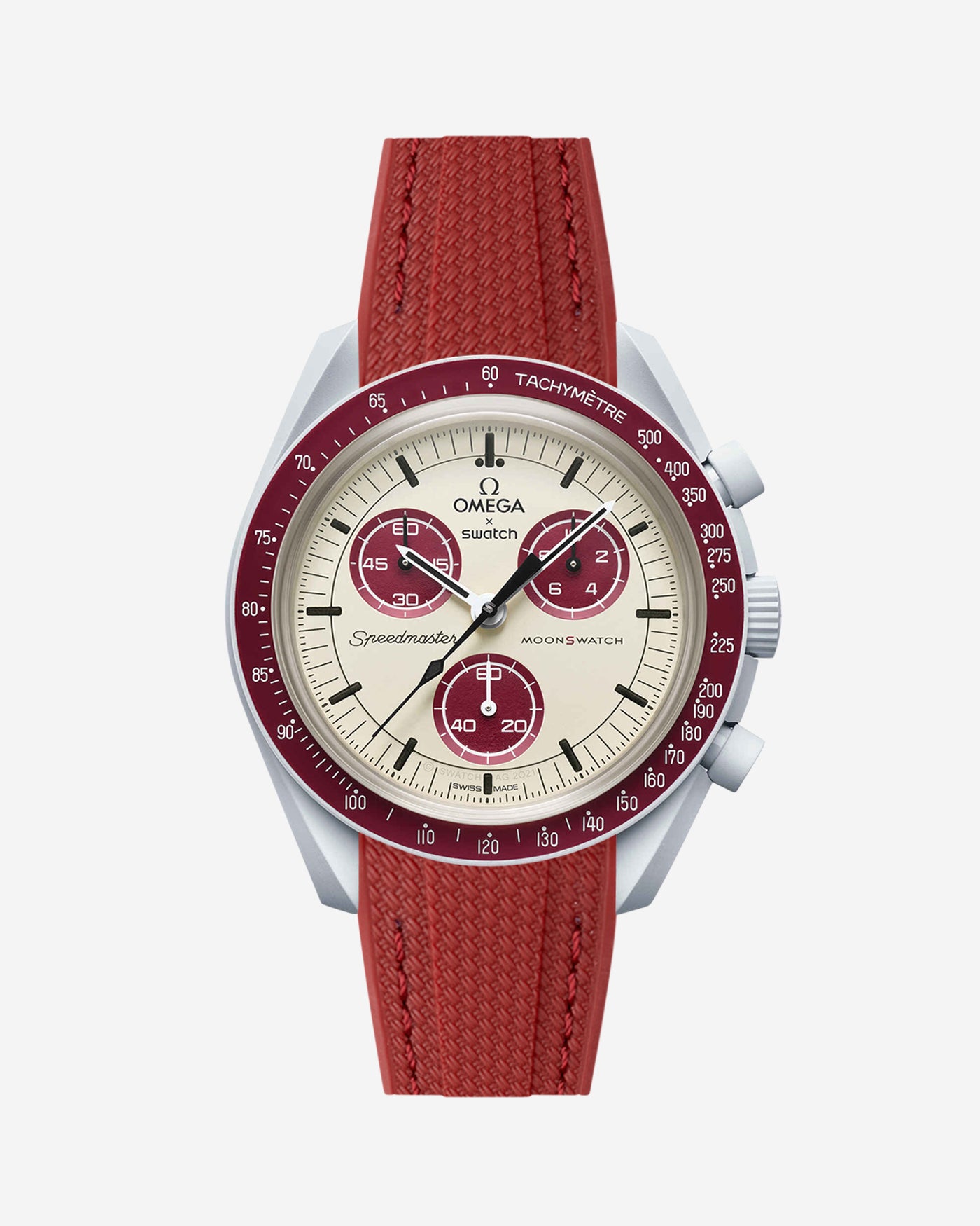 A burgundy curved vertech rubber watch strap with a stainless steel buckle, designed for the Omega X Swatch MoonSwatch Mission to Pluto watch.