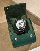 Opened Single Watch Roll  Green Embossed Alligator with a watch inside