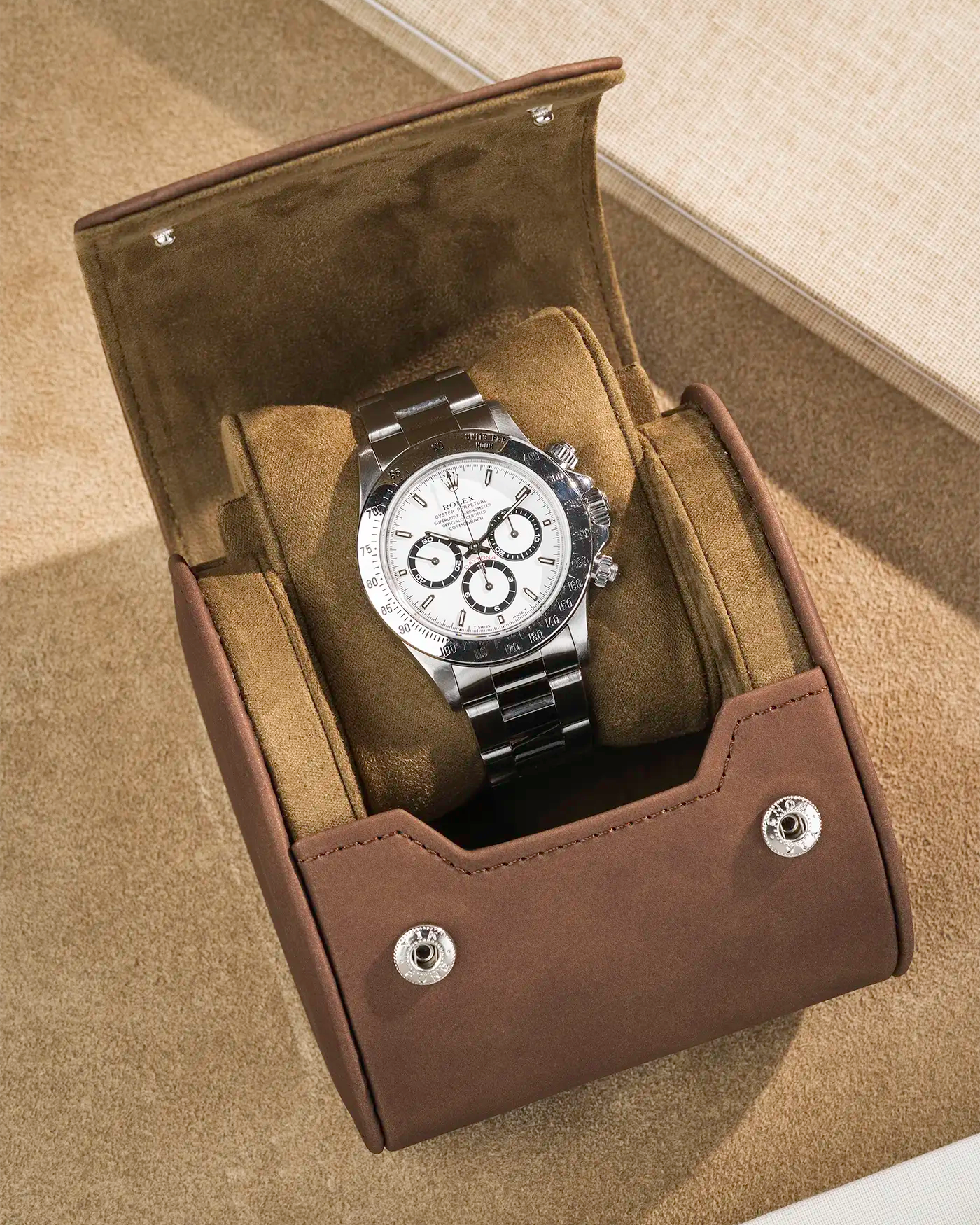 Opened Single Watch Roll Brown Suede with a Rolex in