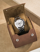 Opened Single Watch Roll Brown Suede with a Rolex in