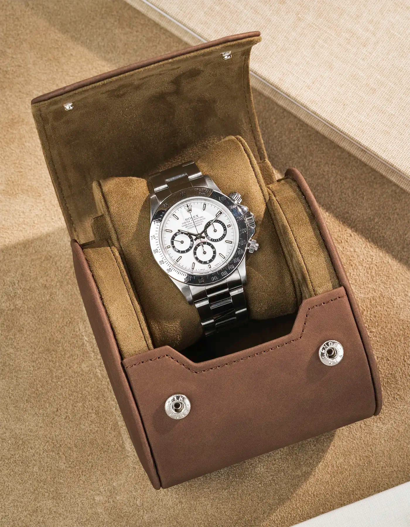 Opened Single Watch Roll Brown Suede with a Rolex in