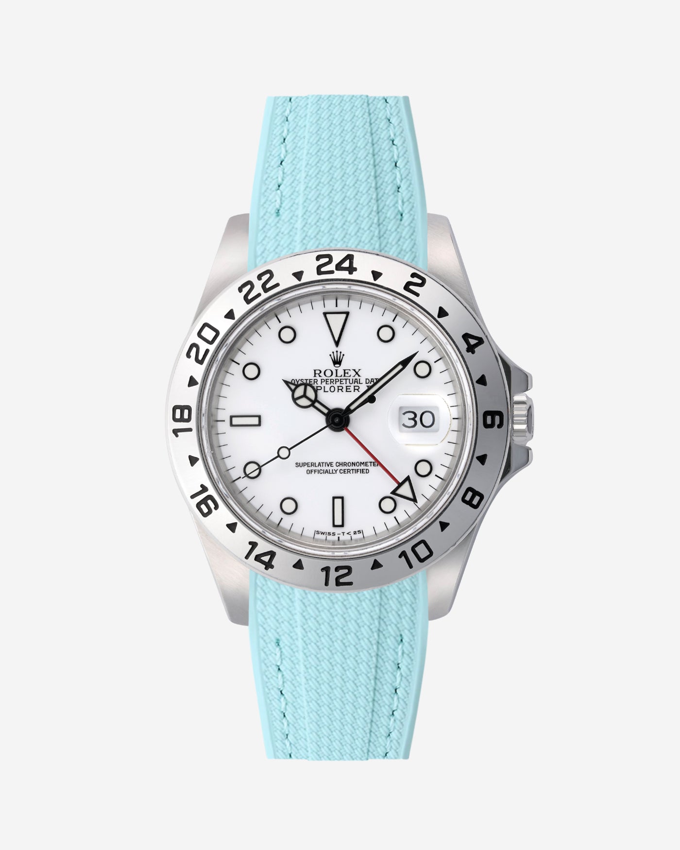 Rolex Explorer 16570 watch with white dial and on a turquoise vertech rubber watch strap with gray background