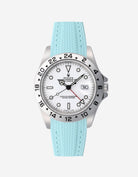 Rolex Explorer 16570 watch with white dial and on a turquoise vertech rubber watch strap with gray background