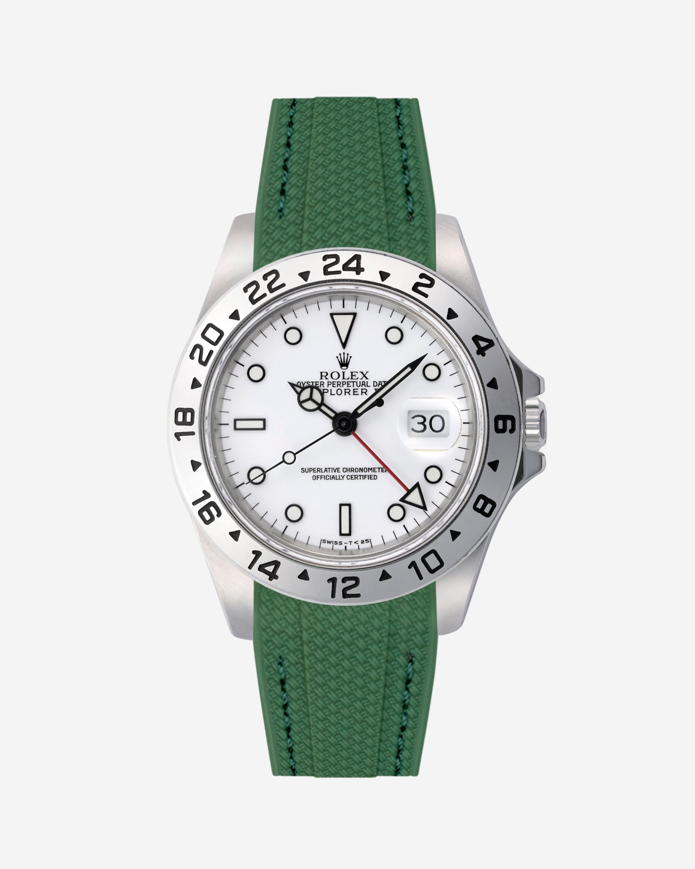 Rolex Explorer 16570 watch with white dial and on a green vertech rubber watch strap with gray background