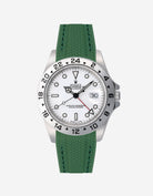Rolex Explorer 16570 watch with white dial and on a green vertech rubber watch strap with gray background