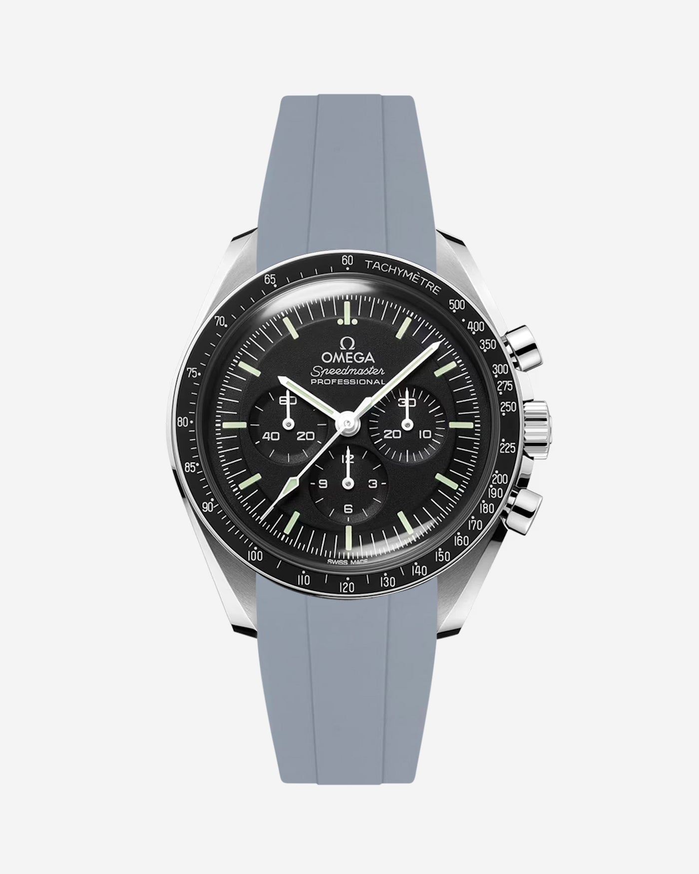Omega Speedmaster Professional fitted with grey FKM rubber strap front facing product photo on white background by Wristbuddys