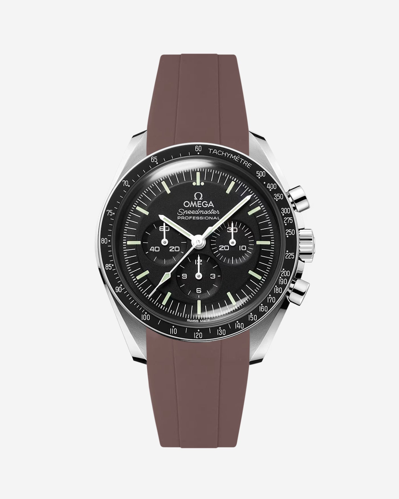 Omega Speedmaster Professional fitted with brown FKM rubber strap front facing product photo on white background