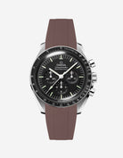 Omega Speedmaster Professional fitted with brown FKM rubber strap front facing product photo on white background
