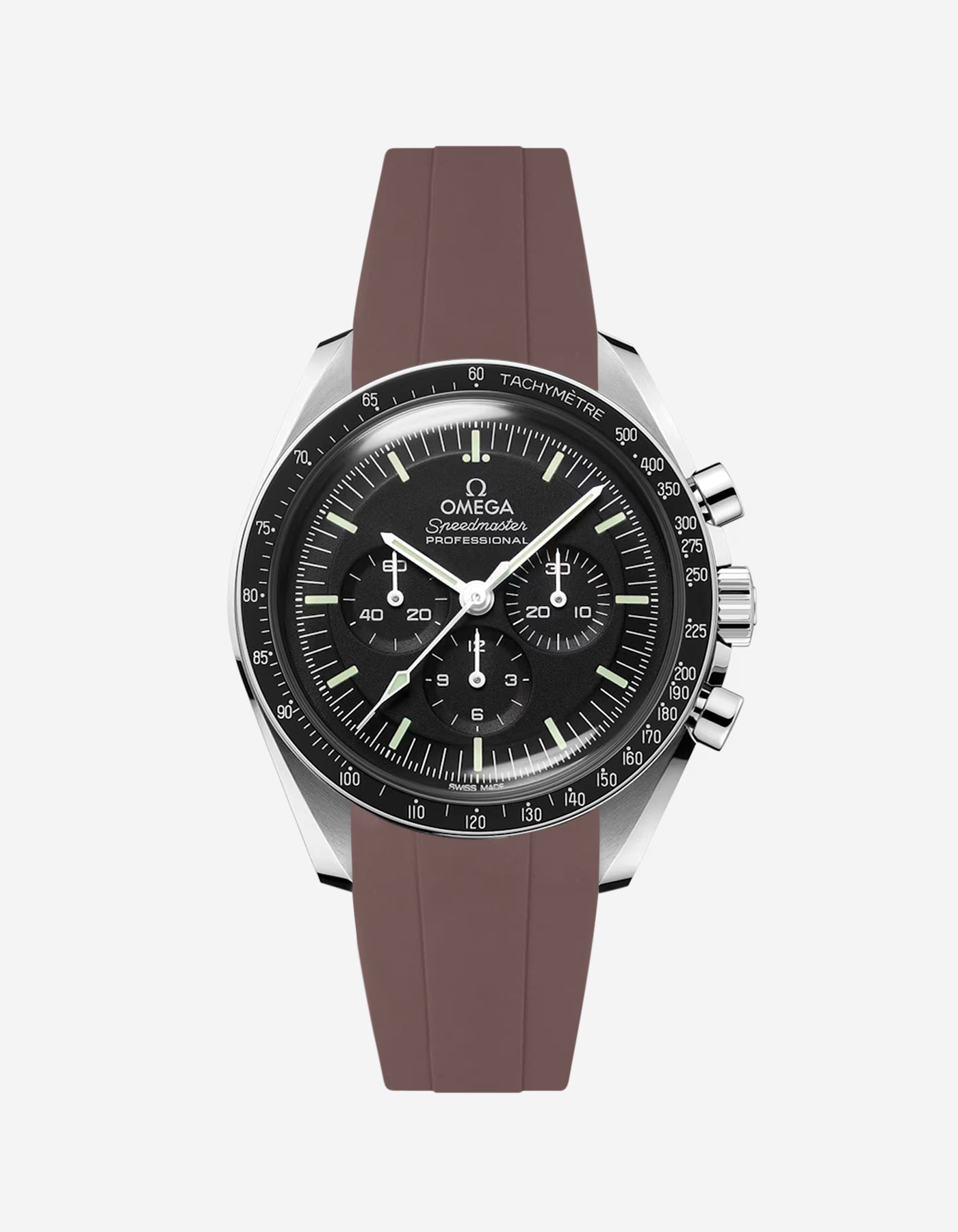 Omega Speedmaster Professional fitted with brown FKM rubber strap front facing product photo on white background