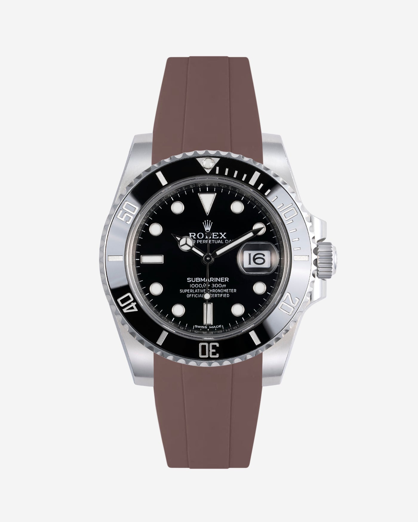 Rolex Submariner 116610LN front view with brown FKM rubber strap mounted on the watch