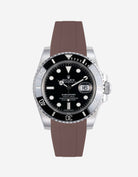 Rolex Submariner 116610LN front view with brown FKM rubber strap mounted on the watch