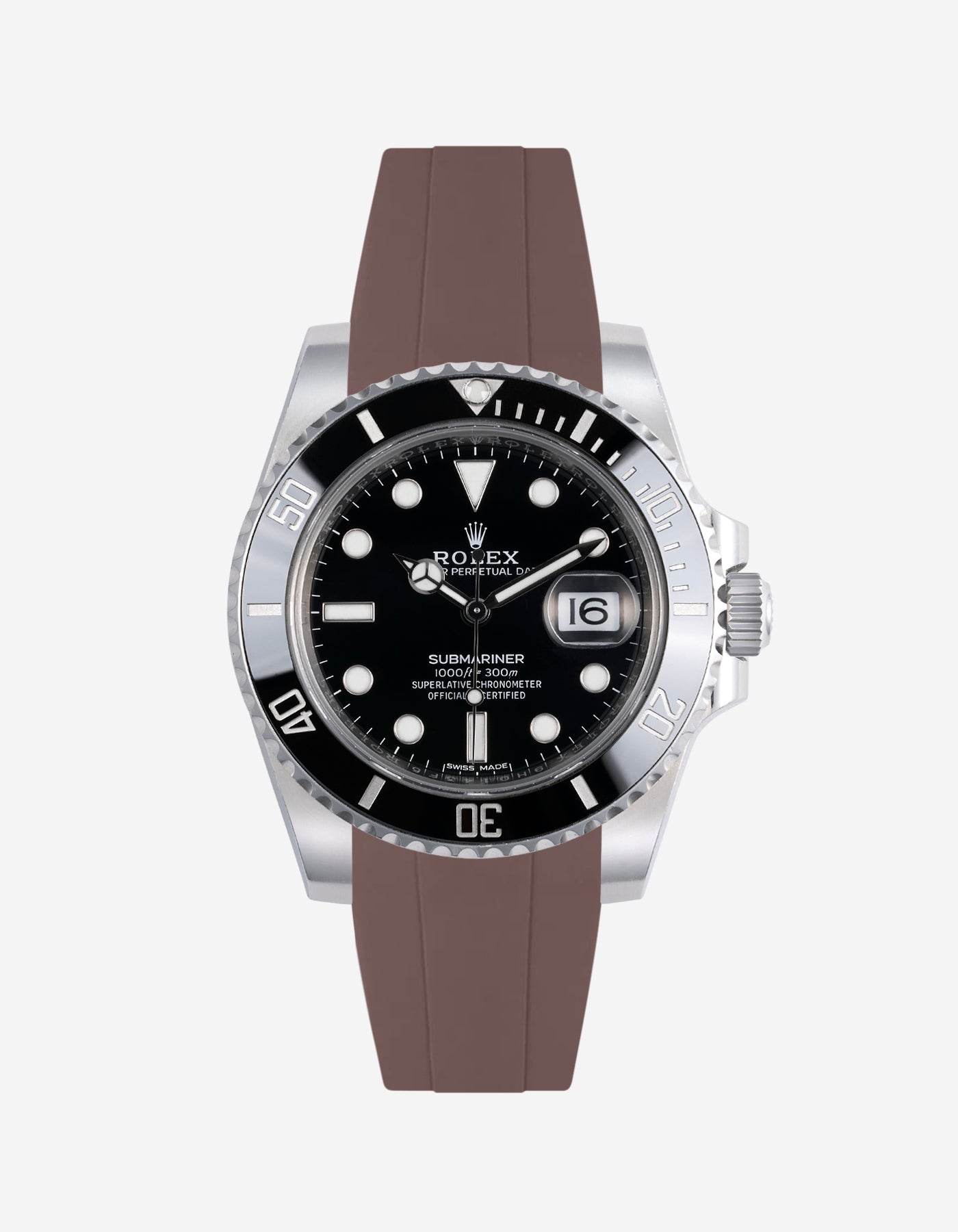 Rolex Submariner 116610LN front view with brown FKM rubber strap mounted on the watch