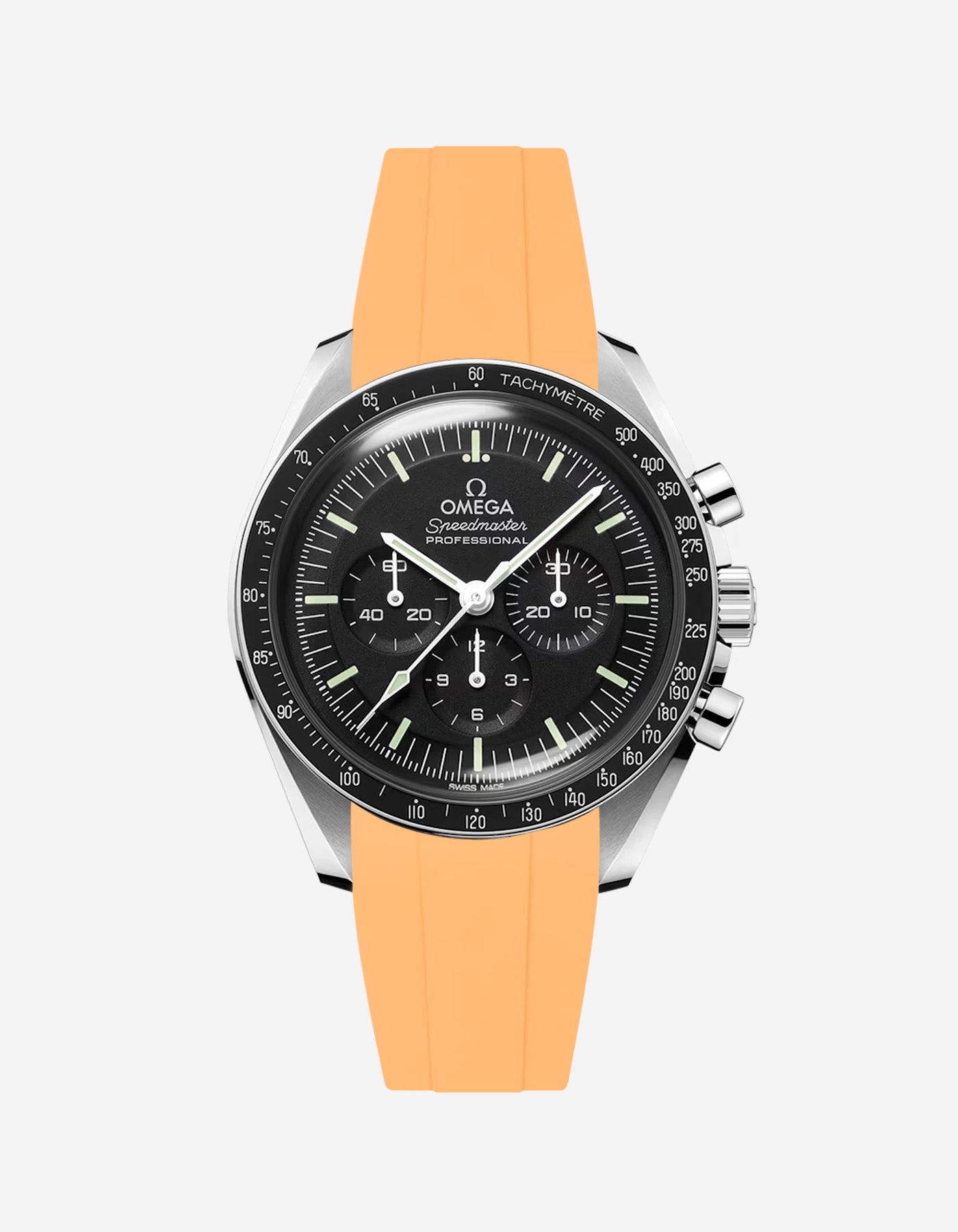 Omega Speedmaster Professional fitted with solero orange FKM rubber strap front facing product photo on white background