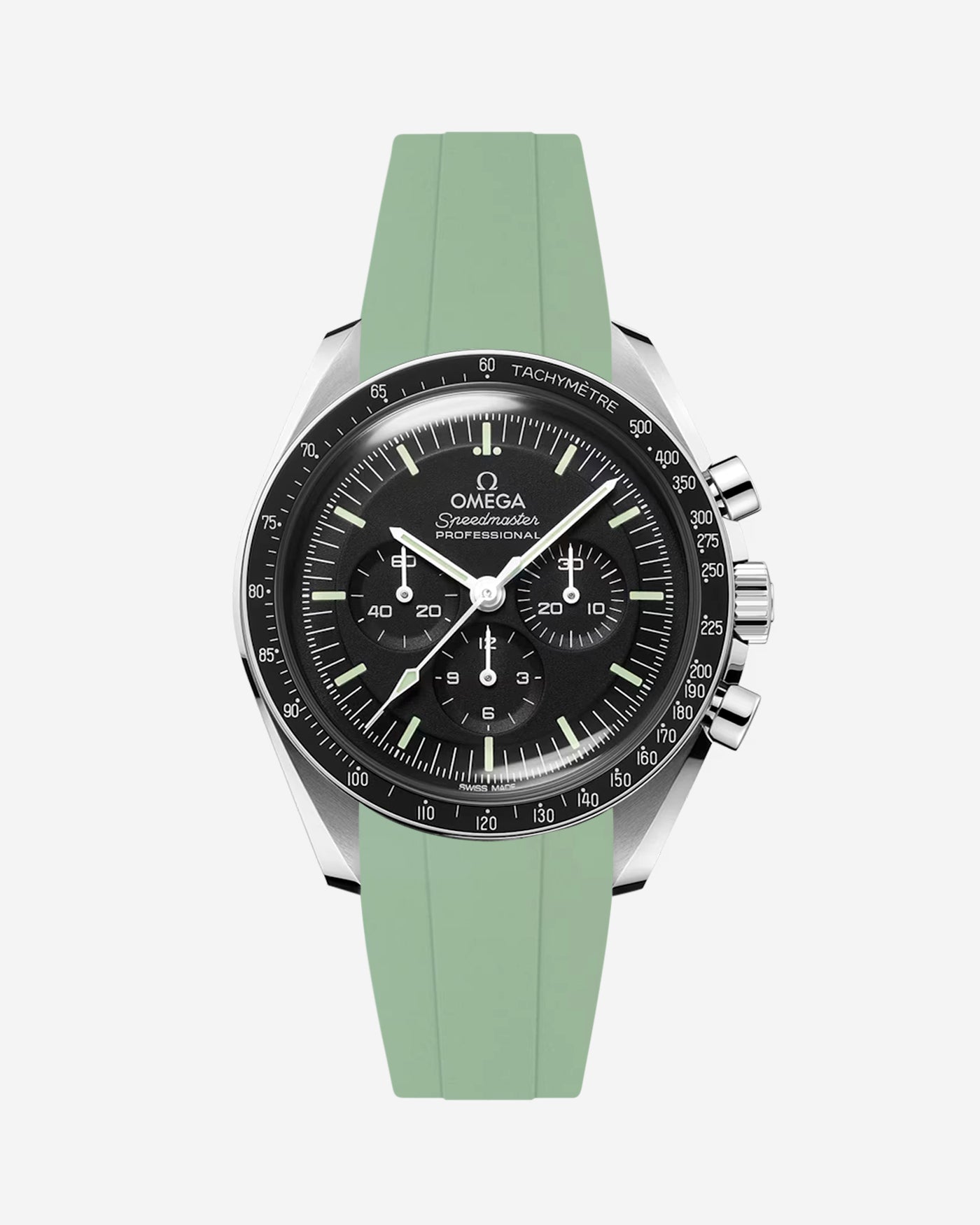 Omega Speedmaster Professional fitted with mint green FKM rubber strap front facing product photo on white background by Wristbuddys
