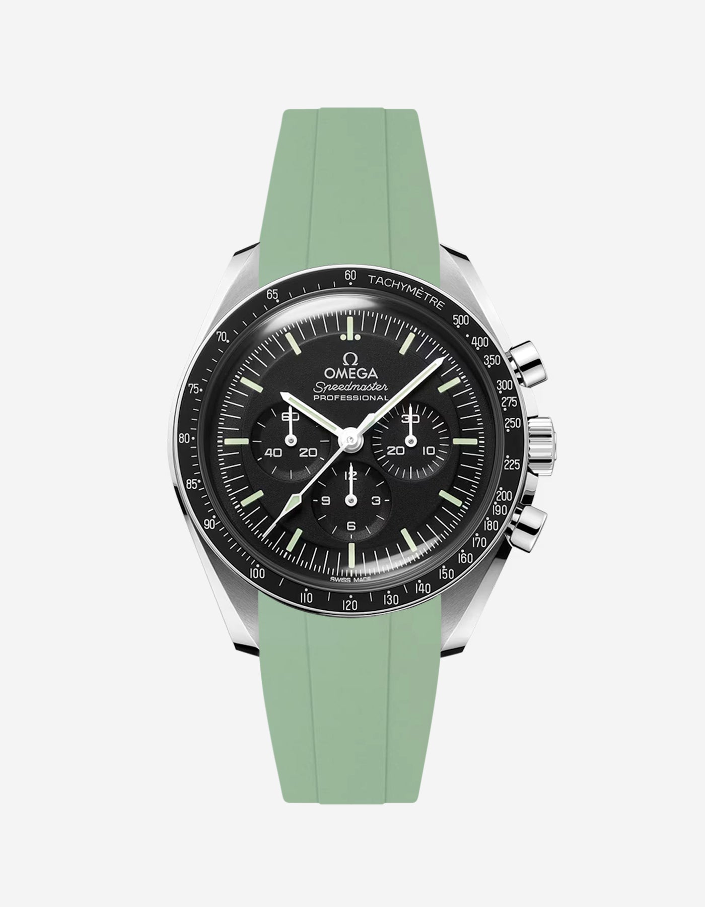 Omega Speedmaster Professional fitted with mint green FKM rubber strap front facing product photo on white background by Wristbuddys